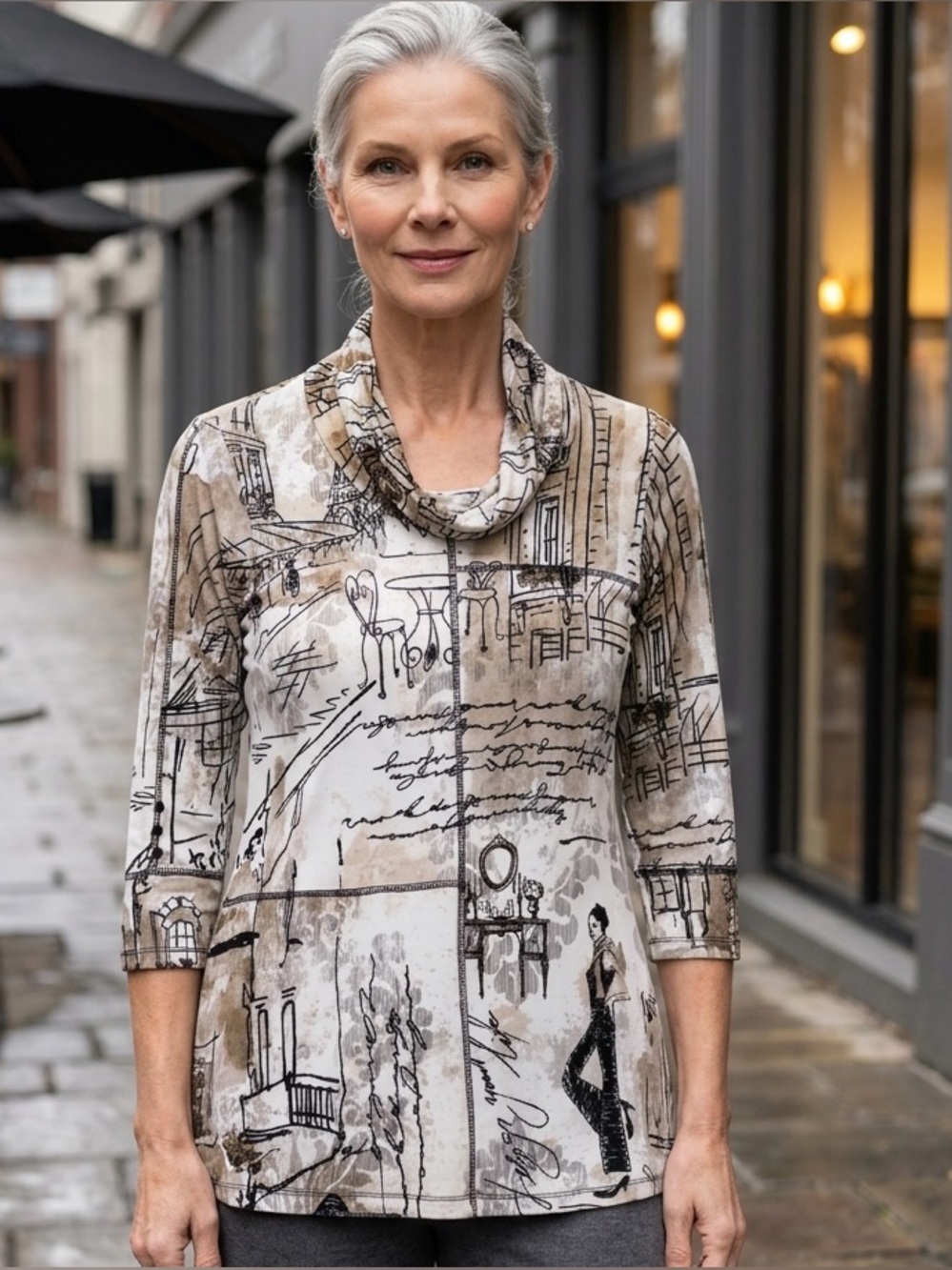 Dolcezza Classic Stretch Cowl Neck Tunic Beige Artistic Print-Size S